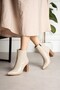 Women's Beige Shiny Mid-Heeled Zippered Boots - 2