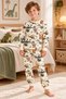 Boy's 100% Cotton Diamond Kids White Dino Patterned Long Sleeve Pajama Set - 2