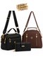 Women's Black Hand and Shoulder Bag with Three Compartments and Black and Coffee Color + Wallet Card Holder