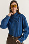 Women's Dark Blue Asymmetrical Collar Buttoned Oversize Denim Shirt 2706 60286618 - 4