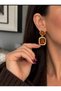 Gold Framed Caramel Stone Dangle Earrings - 2