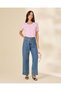 Women Pink Knitted Crew Neck Short Sleeve Sweater - 2