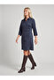 Women's Navy Blue Suede Shirt Collar Zippered Three Quarter Sleeve Dress - 3