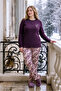 Women's Purple Floral Patterned Long Sleeve Thermal Soft Fabric Winter Warm Pajama Set - 3