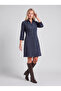 Women's Navy Blue Suede Shirt Collar Zippered Three Quarter Sleeve Dress
