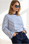 Women's Saks Blue White Striped Spanish Sleeve Slim Sweatshirt Swt-19000811 - 3