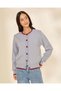 Women Grey Knitted Button Front Crew Neck Sweater