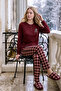 Women's Burgundy Square Pattern Long Sleeve Thermal Soft Fabric Winter Warm Pajama Set