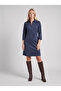 Women's Navy Blue Suede Shirt Collar Zippered Three Quarter Sleeve Dress - 2