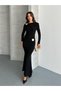 Women's Long Sleeve Draped Long Dress with Metal Accessory Detail – Stylish and Elegant Fish Model