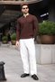 Brown Zippered Polo Collar Textured Men's Knitwear Sweater E7523 - 2