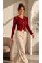 Women's Burgundy Button Detailed Long Sleeve Crew Neck Viscose Fabric Cardigan Blouse - 3