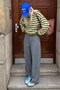 Oil Green Striped Crew Neck Oversize Women's Sweater Mg2894 - 3