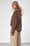 Women's Coffee-Ecru Crew Neck Oversize Striped Blouse Alc-X15967 - 4