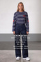 Women's Navy Blue Ribbed Crew Neck Oversize Striped Sweatshirt Alc-X15947 - 2