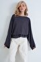 Women's Anthracite Boat Neck Bat Sleeve Blouse with Elastic Waist Alc-X15913 - 3