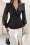 Women's Black Double-Breasted Collar Blouse with Stone Detail and Transparent Sleeves - 5