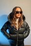 Women's Black Leather Hooded Puffer Coat - 2