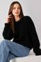 Women's Black Crew Neck Soft Textured Fuzzy Bearded Rope Knit Sweater