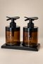 Black Stand-Up Dirty Hand Soap Dispenser Set - Amber Glass Soap Dispenser Set with Wrist Press - Liquid Soap and Dishwashing Detergent Dispenser - 5