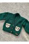 Hand Knitted Green Teddy Bear Detailed Boy's Cardigan with Soft Texture