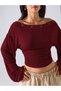Metal Detailed Boat Neck Draped Long Sleeve Crop Blouse - 4