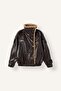 Oversize Plush Collared Double-Breasted Faux Leather Coat I2761Ax26Wn - 8