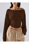 Metal Detailed Boat Neck Draped Long Sleeve Crop Blouse - 2
