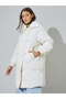 White Solid Zip Knee-Length Puffer Coat - 3