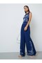 Navy Blue Embroidered Top and Wide-Leg Trousers Set