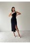 Women's striped detail strapless neck tie-up strap design black and white flared mini evening dress - 3