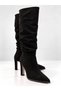 Women's Black Below the Knee Suede Pointed Toe 9 cm Thin Heeled Gathered Stylish Boots - 2
