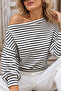 Women's Striped Boat Neck Balloon Sleeve Blouse - 2
