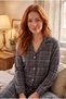 Women's Suede Plaid Patterned Long Sleeve Shirt Collar Front Buttoned Bottom Top Pajama Set - 3