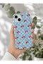 حافظة ممتصة للصدمات من السيليكون متوافقة مع هاتف iPhone 15 Plus، بتصميم مربع الشكل ورسومات الكرز، باللون الأزرق