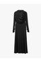 Slim Fit Shiny Sandy Fabric Drape Collar Long Sleeve Draped Dress - 6