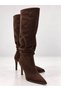 Women's Brown Below the Knee Suede Pointed Toe 9 cm Thin Heeled Gathered Stylish Boots - 3