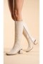 Women's Below the Knee Cream Heeled Shiny Detailed Zippered Leather Look Long Boots - 4
