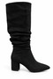 Women's Black Suede Drawstring Boots Thick Heeled Below the Knee Long Boots Sanero - 2