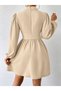 Women's High Neckline Low-Cut Detailed Waist Fitted Balloon Sleeve Mini Dress - 4