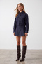 Women's Navy Blue Striped Crop Jacket with Pleated Short Skirt Detail, Denim Look Set Alc-X15963 - 4