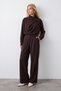 Women's Coffee Color Folded Collar Cuff Sleeves Draped Blouse with Palazzo Pants Set Alc-X15965
