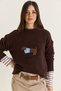Women's Bitter Brown Dachshund Embroidered Crew Neck Relaxed Knitwear Sweater 7208 60286641 - 3