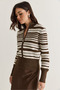 Women's Coffee-Ecru Striped Zippered High-Neck Knitwear Cardigan Th261046 60286626 - 3