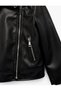 Faux Leather Long Sleeve Double Breasted Collar Jacket - 6