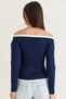 Women's Navy Blue Contrast Piping Boat Neck Gathered Detailed Blouse 36062 60286620 - 7