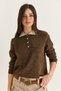Women's Brown-Beige Contrast Polo Collar Button Detailed Knitwear Sweater Tk261107 60286633 - 4