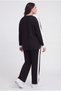 Women's Plus Size Floral Figured Beaded Detailed Striped Black Tracksuit Set - 6