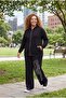 Women's Plus Size Stone Embroidered Hooded Zipper Black Tracksuit Set - 5