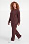 Women's Plus Size Crew Neck Vertical Ribbed Brown Tracksuit Set